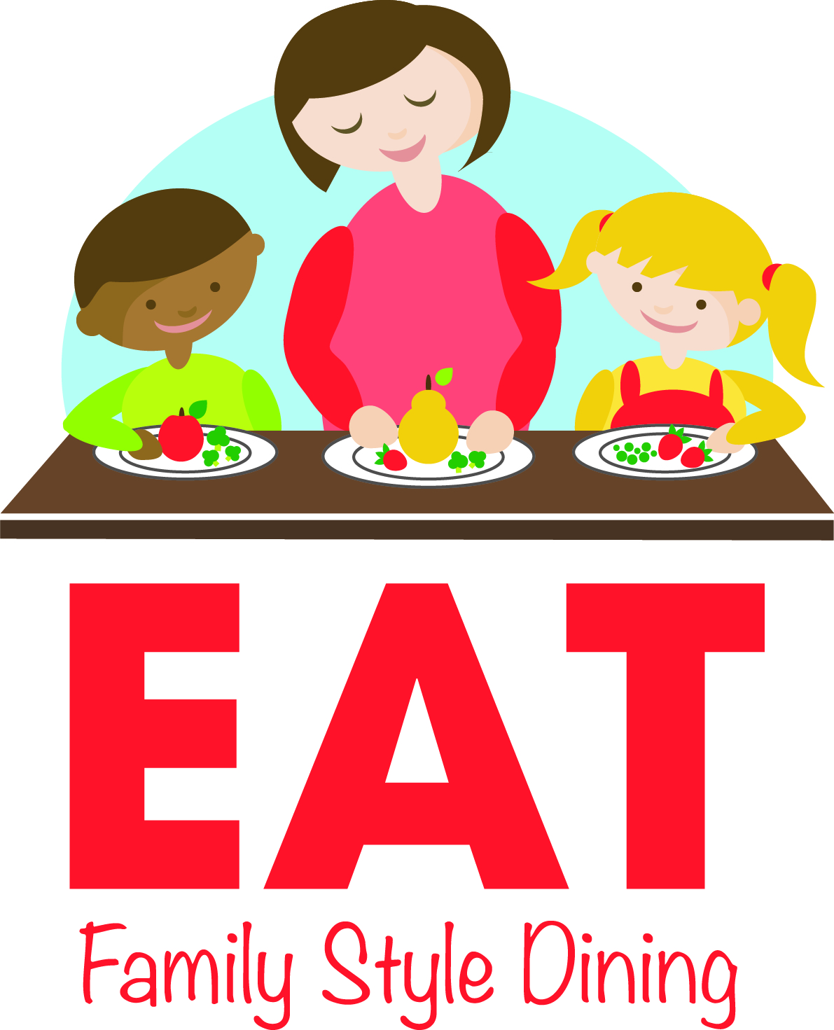logo for EAT lessons with mom stirring salad with 2 children